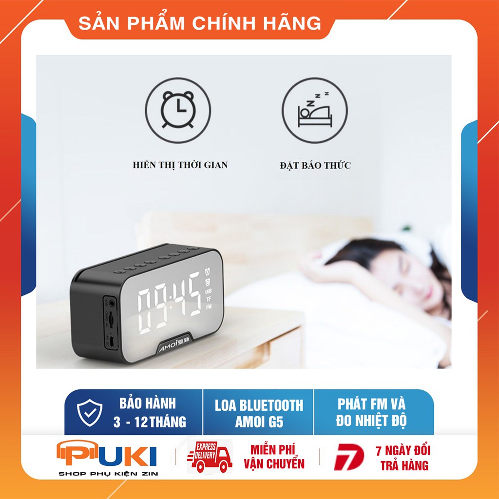 Loa bluetooth AMOI G5 kiêm đồng hồ - Có khe thẻ nhớ - Có FM - Có báo thức - Đo nhiệt độ với màn hình gương siêu đẹp