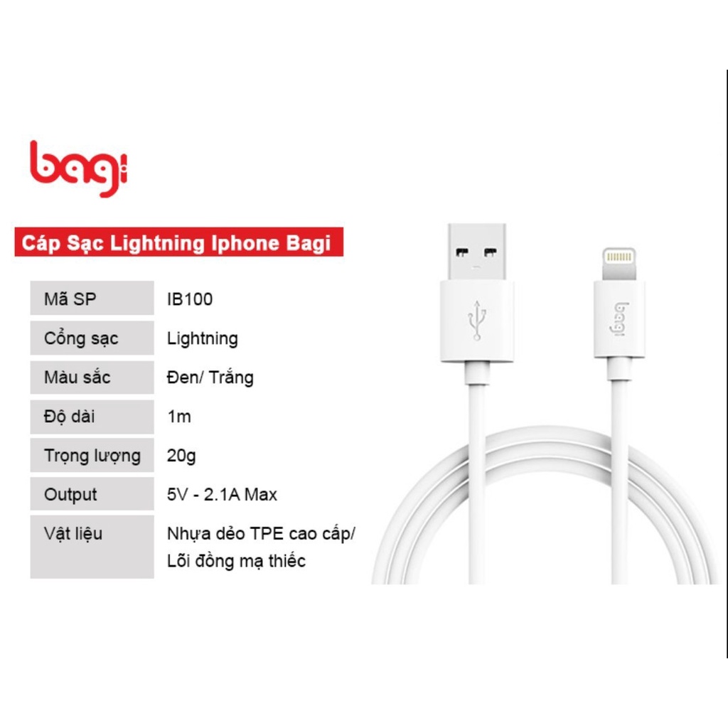 Cáp sạc Lightning Bagi dài 1m IB100