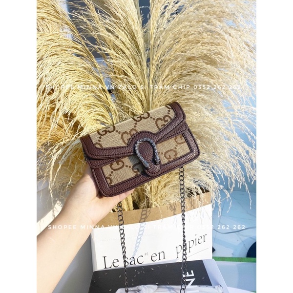 Túi Đeo Chéo Vải Dệt Chữ To Viền Màu Nâu Hàng Đẹp Rẻ