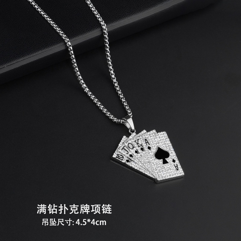 Dây chuyền mặt hình lá bài bằng thép titan đính đá giả kim cương phong cách hip hop cá tính thời trang cho nam và nữ