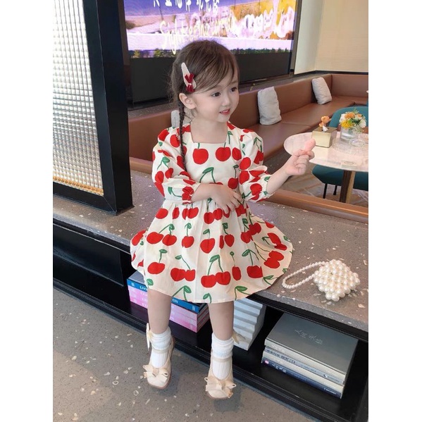 Váy cherry thu đông  cho bé gái, Váy in họa tiết quả cherry dễ thương cho bé, đầm nhung tăm thu đông