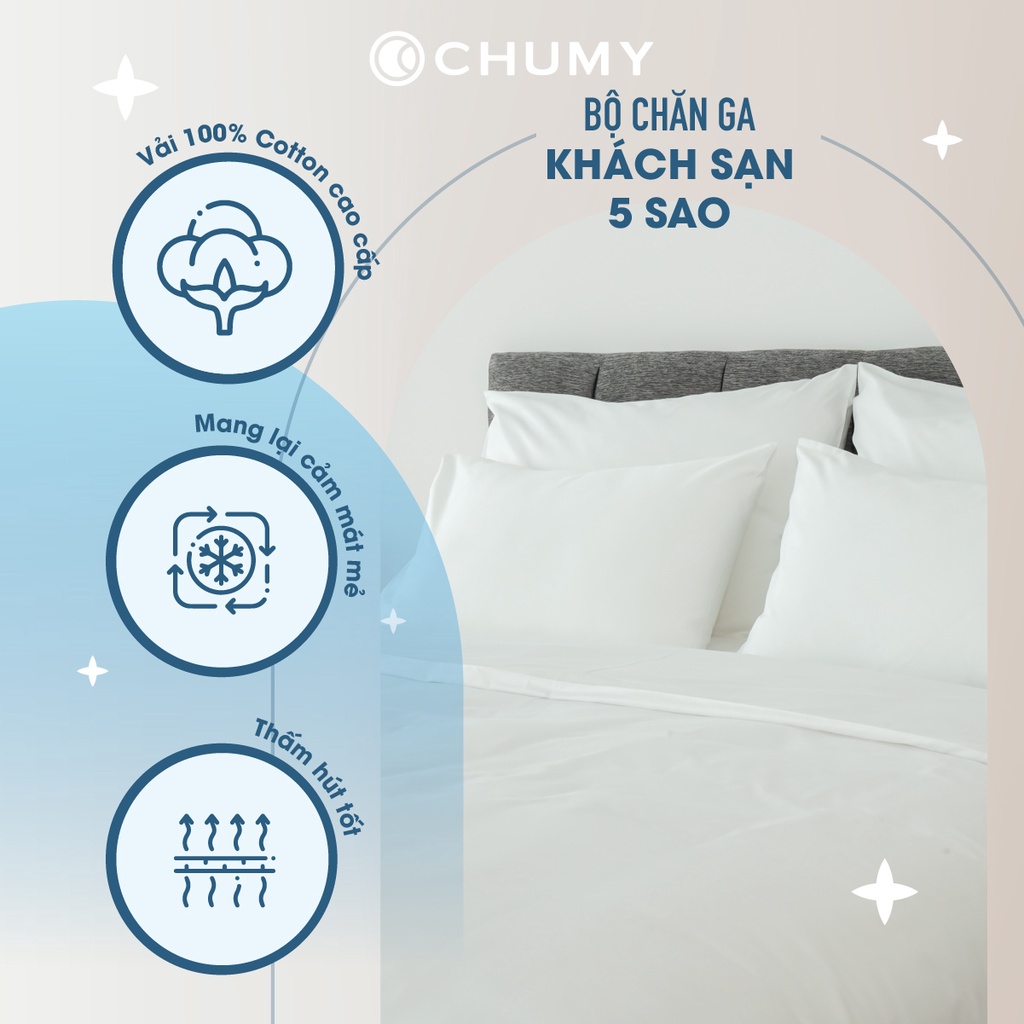 Bộ chăn ga trắng CHUMY kèm chăn, chất liệu cotton sateen 100%, mật độ sợi T400 tiêu chuẩn khách sạn 5 sao