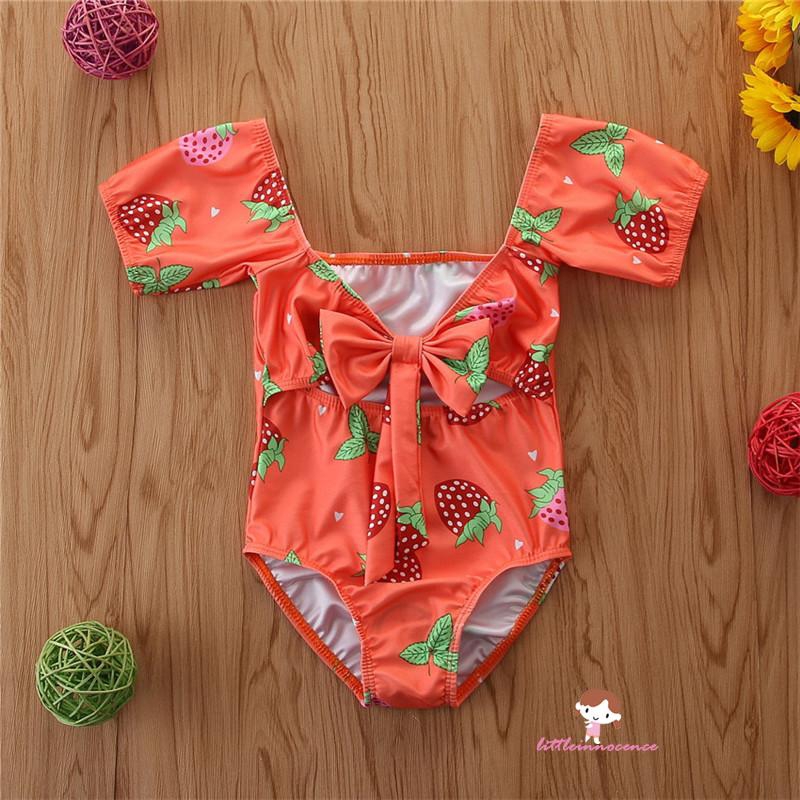 ❤XZQ-Baby Girls Strawberry Print One-Piece, Toddler Swimsuit Short-Sleeved Bowknot Hollow Out Swimwear for Water Sports