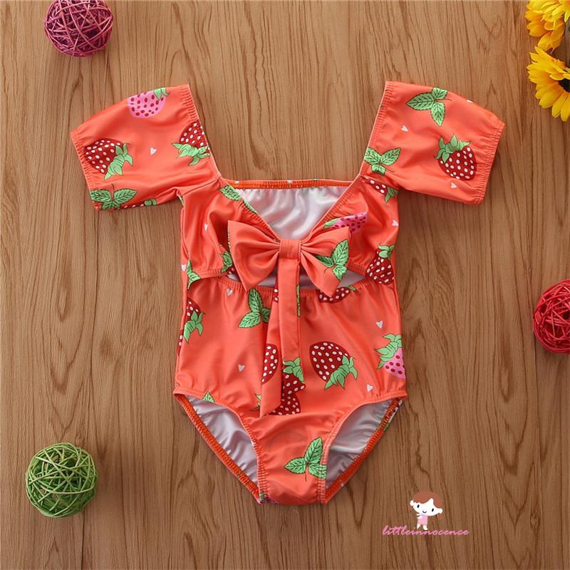 ❤XZQ-Baby Girls Strawberry Print One-Piece, Toddler Swimsuit Short-Sleeved Bowknot Hollow Out Swimwear for Water Sports
