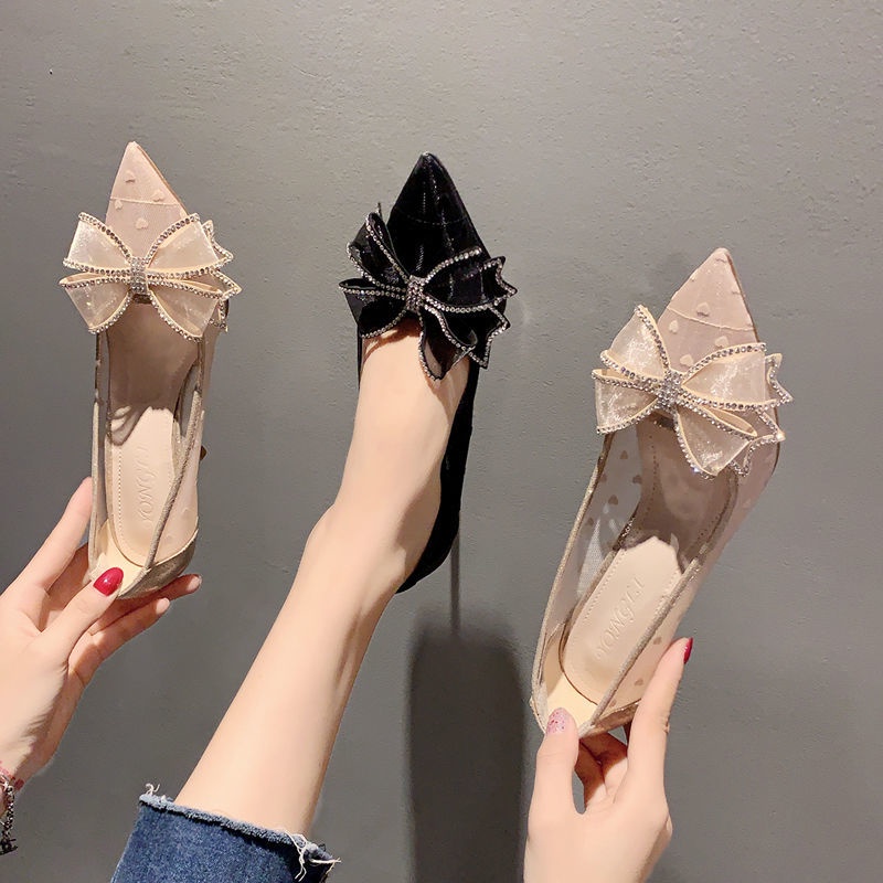 Giày cao gót mũi nhọn phối ren đính đá thời trang mùa hè