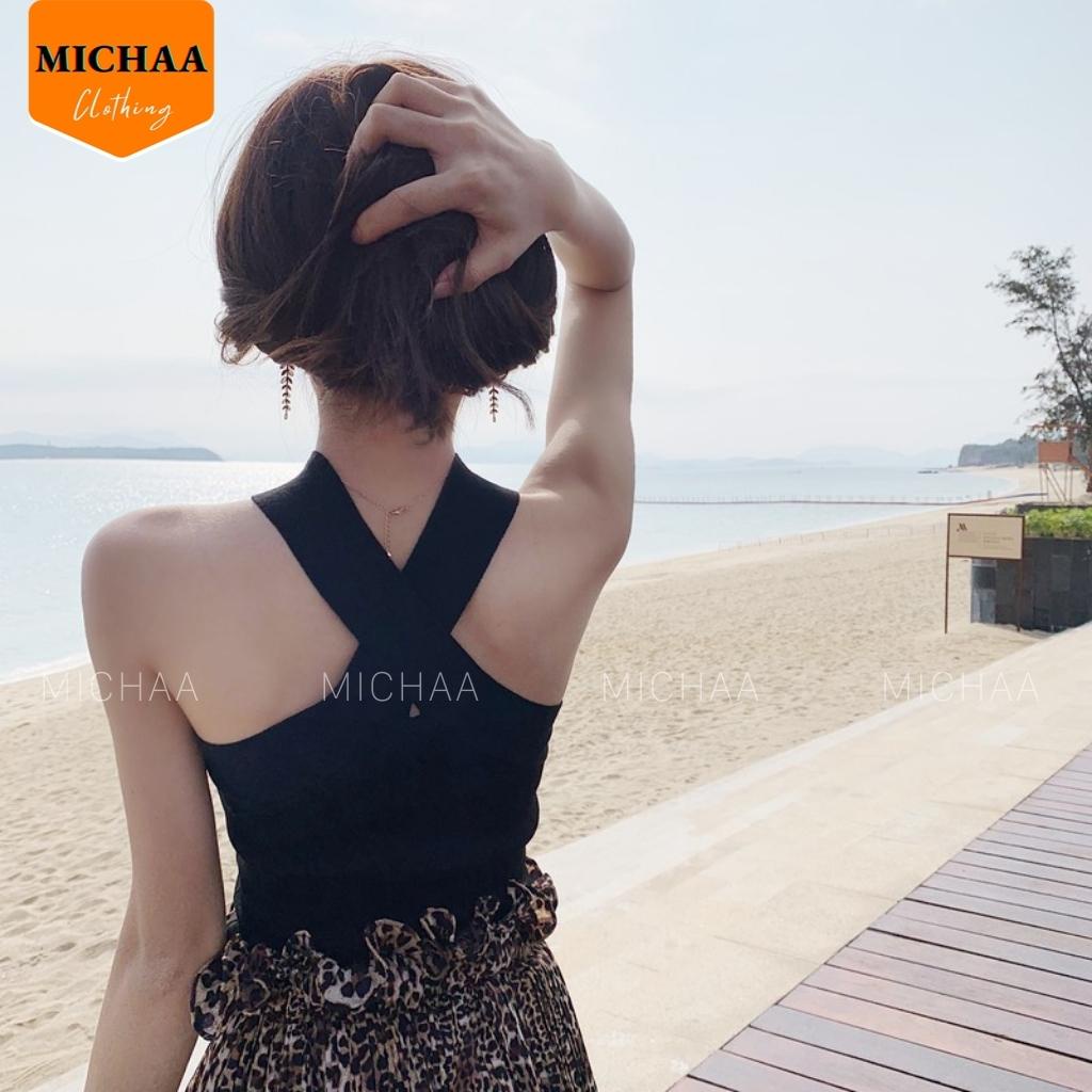 Áo Croptop YẾM 2 DÂY ĐẮP CHÉO BẢN TO Nữ Thun Gân, Áo Chéo Cổ - MICHAA