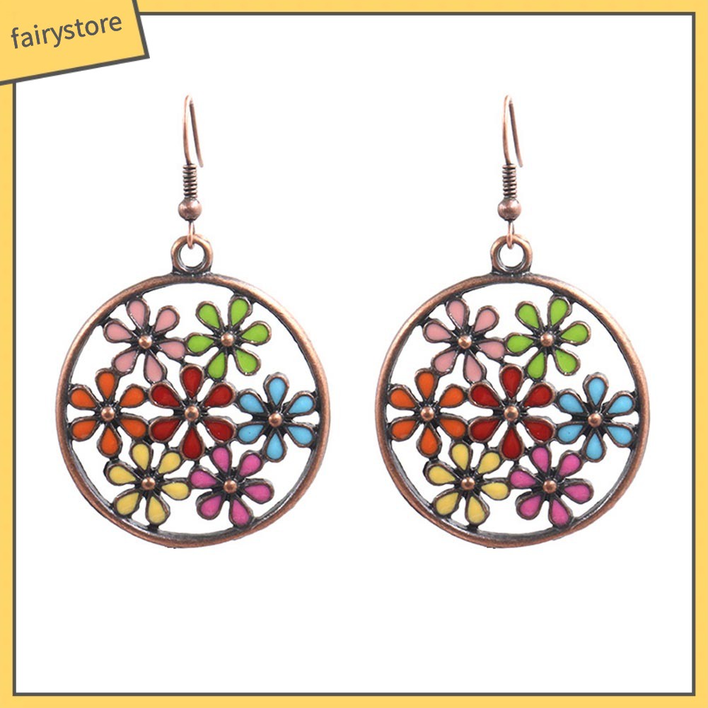 Bông tai trang sức mặt hoa tròn cỡ lớn kiểu Bohemian nhiều màu thời trang nữ