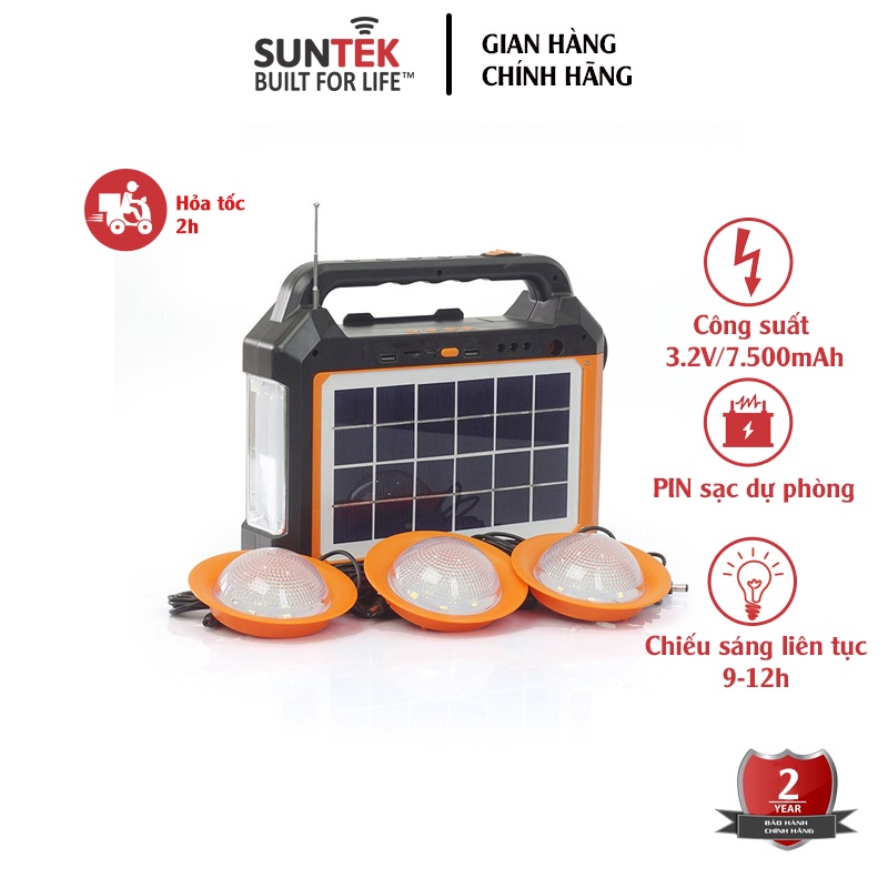 Bộ Lưu Điện SUNTEK SPK-02 7500mAh Sạc Bằng Năng Lượng Mặt Trời + 3 Bóng Đèn LED 3W - Hàng Chính Hãng - Bảo hành 2 năm