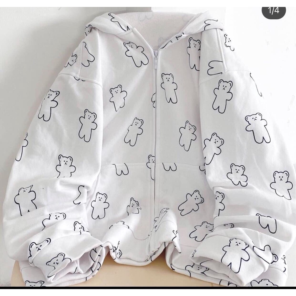 Áo Khoác Trắng Icon Gấu PEONYB Nữ [FREESHIP]  Jacket nỉ có mũ, hoodie zip form rộng tay bồng cá tính Ulzzang