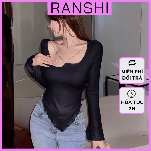 Áo Nữ Tay Dài Ranshi Áo Dài Tay Vạt Chéo Dáng Ôm Body Phối Dây Xích Vải Cotton Mềm Mại Thoải Mái - RA059