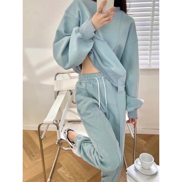 Set Nỉ Trơn Vạt Lệch Nữ [FREESHIP]  Bộ đồ sweater form rộng, quần ống boom kèm áo raplan màu Xanh Ulzzang