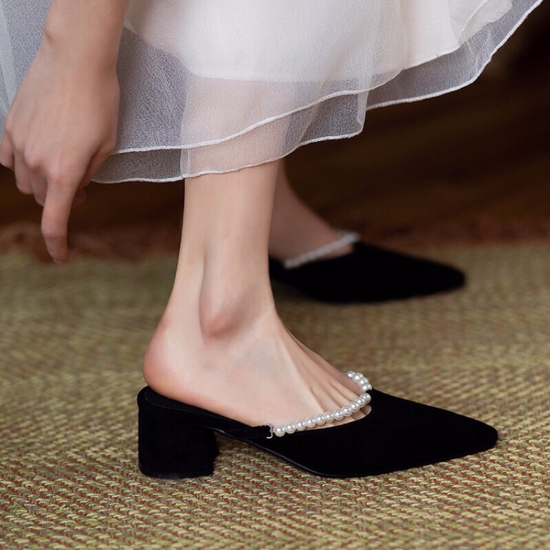 Sục cao gót gắn dây hạt sang chảnh thời trang nữ - SB39 - Oula Store