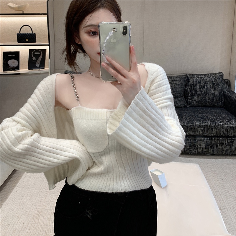 Áo len hai dây nữ, áo khoác cardigan len nữ full set có video ảnh thật