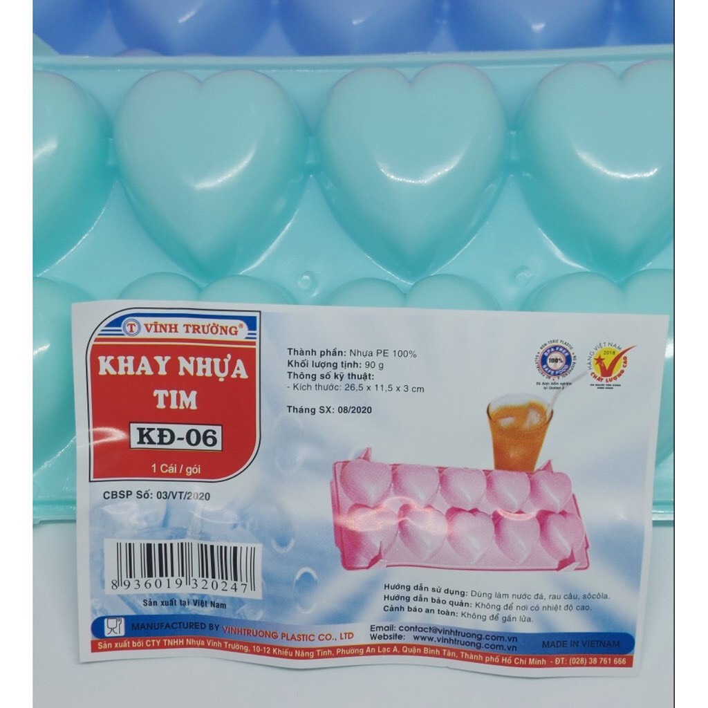Khay đá 10 viên hình Tim , khay làm rau câu,KĐ 06 Vĩnh Trường