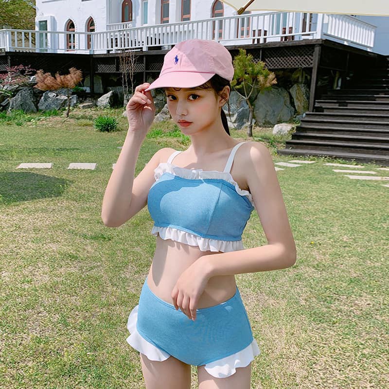 [CÓ HÌNH THẬT] Bikini, đồ bơi 2 mảnh áo ống xanh bèo trắng dễ thương kiểu Hàn Quốc