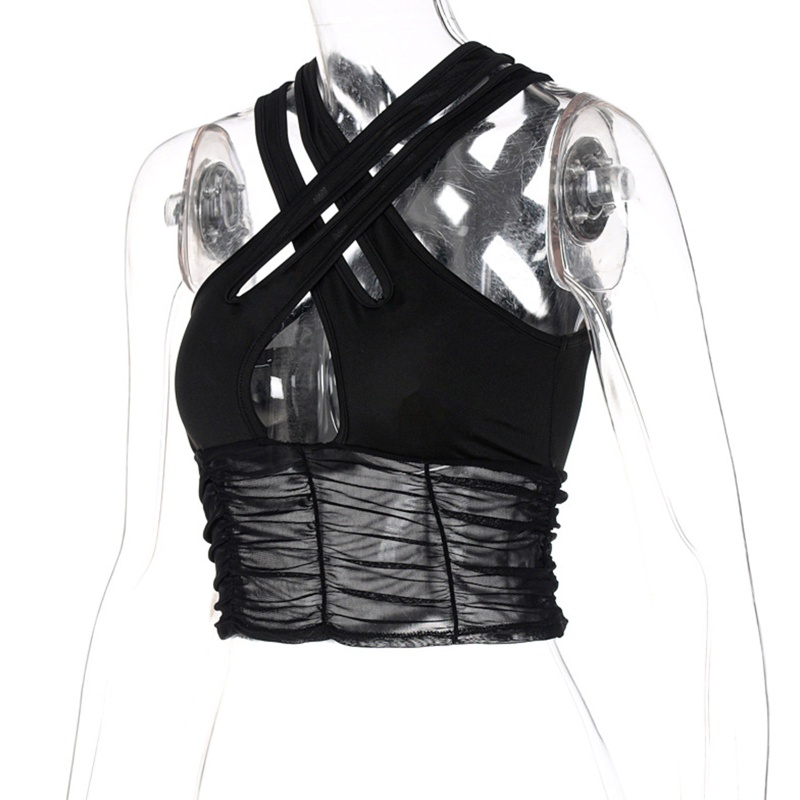 Áo Crop Top Lưới Xếp Ly Đan Dây Chéo Không Tay Gợi Cảm Phong Cách Harajuku Mùa Hè Cho Nữ
