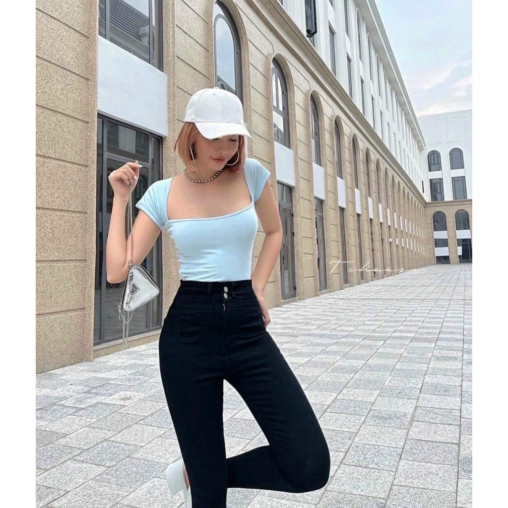 Quần Bò Cạp Cao Túi Chìm PEONYB Nữ [FREESHIP]  Jean dáng ôm body skinny kiểu hotgirl 2 khuy màu đen hàn quốc đẹp