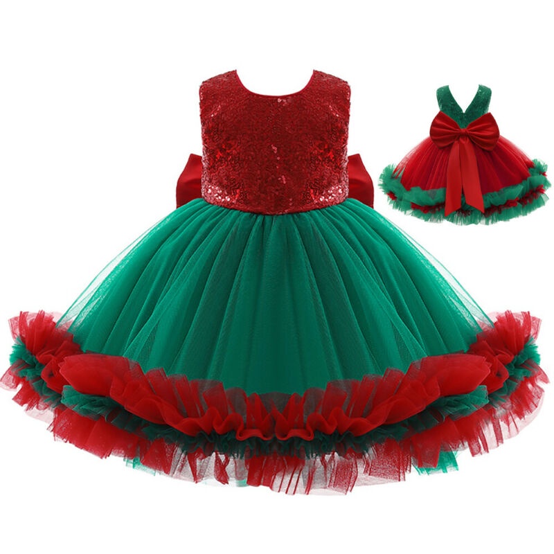 Đầm công chúa không tay hở lưng phối nơ phong cách giáng sinh cho bé gái
