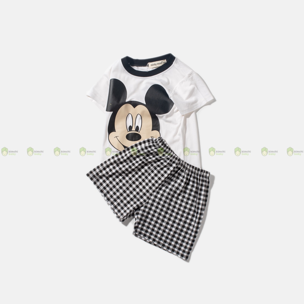 Bộ Cộc Tay Cho Bé Trai, Bé Gái Minky Mom Vải Thun Lạnh Hoạ Tiết Hoạt Hình Quần Caro, Bộ Quần Áo Trẻ Em Mặc Nhà MKM2241