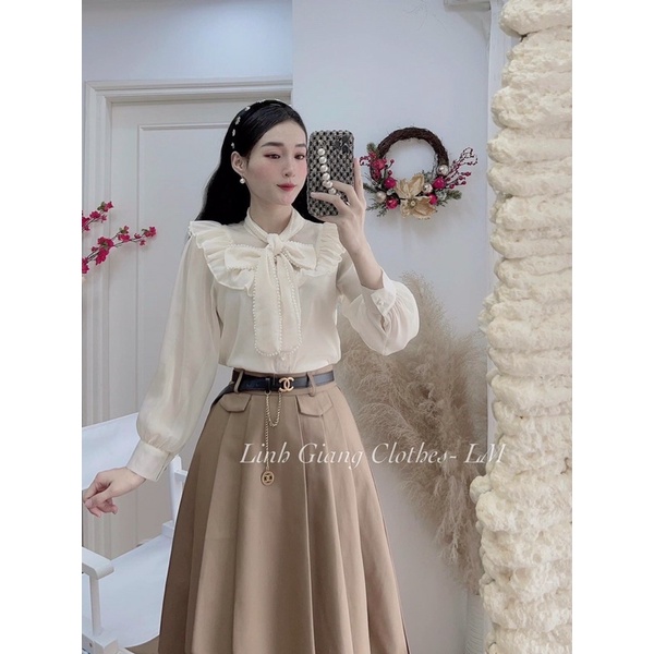 Áo sơ mi tiểu thư cổ nơ đính ngọc