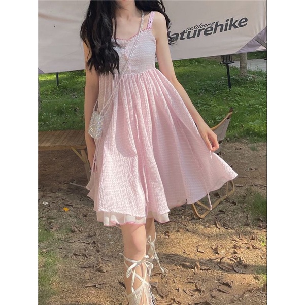 Váy hai dây xòe  babydoll công chúa màu hồng trắng oder taobao