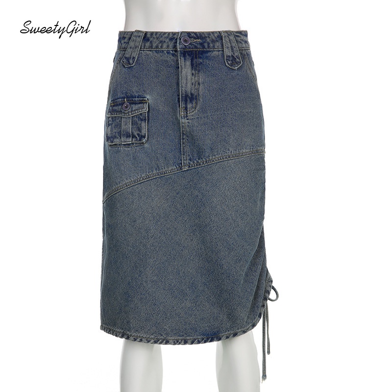 Chân váy jean Lưng Thấp Phối Nút Màu Trơn 2022 Cho Nữ