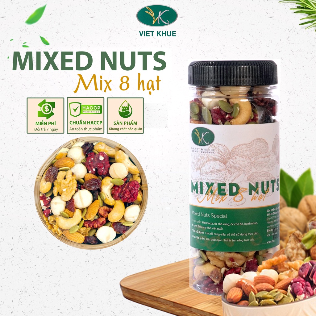 Hạt dinh dưỡng mix 8 loại Việt Khuê hũ 350g, ngũ cốc granola siêu hạt ăn kiêng giảm cân, ngũ cốc bà bầu