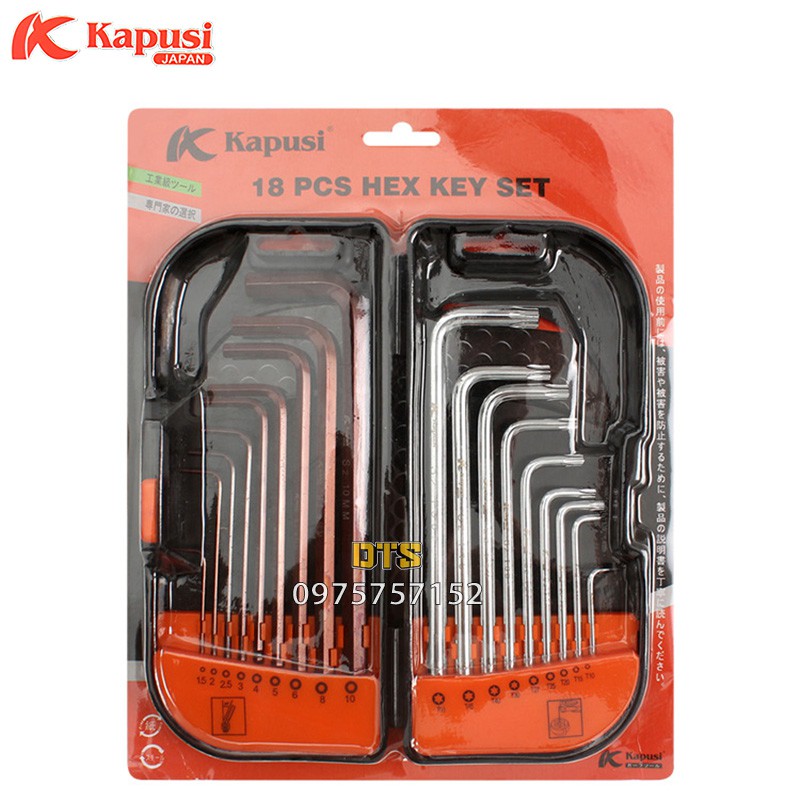 Bộ hộp 18 món lục giác bi và hoa thị có lỗ, lục giác bông Nhật Kapusi Japan, thép S2 cao cấp siêu cứng, chất lượng cao