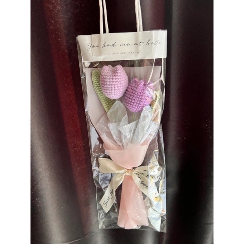 Hoa tulip len handmade tặng kèm túi kiếng, trang trí, quà tặng cho người thân và bạn bè