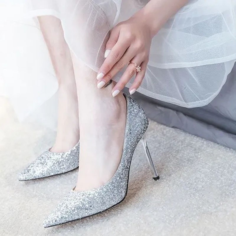 SWEETC Giày cưới của phụ nữ cao gót sequins nữ mũi nhọn giày pha lê cô dâu phù dâu cô dâu giày cưới gradient