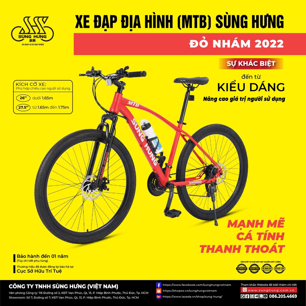 Xe đạp địa hình (MTB) Sùng Hưng Đỏ Nhám Hàng Chính Hãng Bảo hành 1 năm