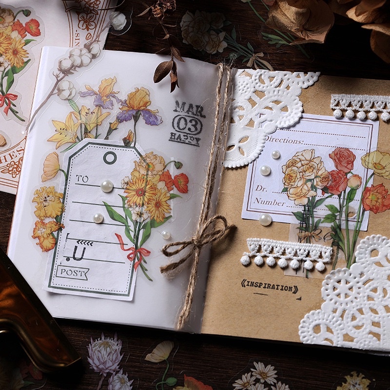 Set nhãn dán sticker hoạ tiết hoa lá cỏ cây cổ điển vintage trang trí sổ bullet journal