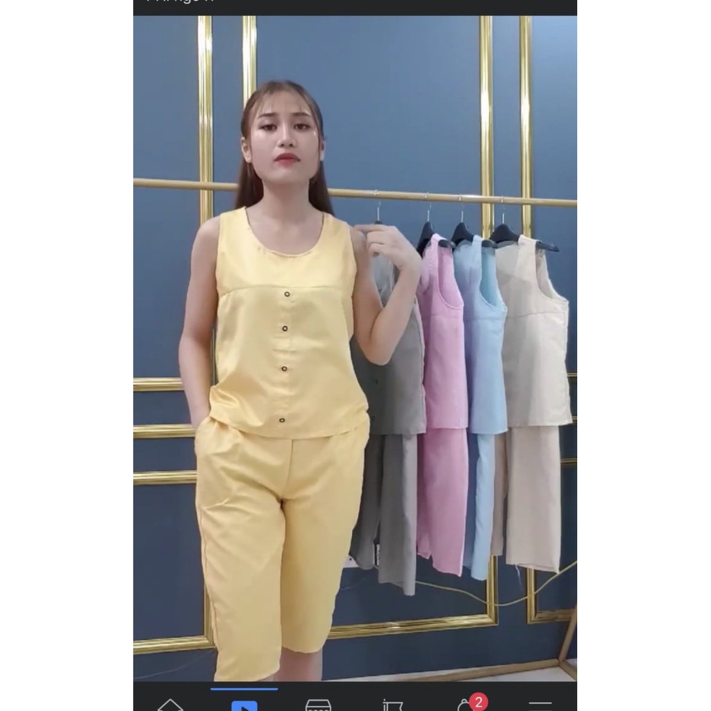 [XẢ LỖ] Bộ Lửng Aó Cộc Mặc Ở Nhà Họa Tiết Phối Cúc Nhã Nhặn Có Túi Quần