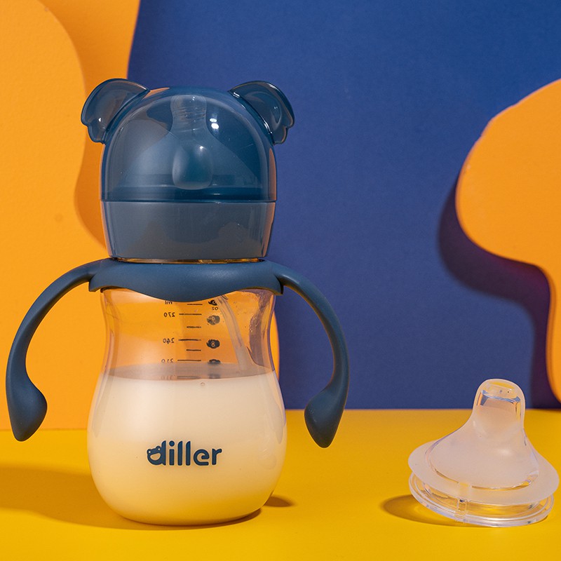 Bình sữa Diller D-P4006 bằng silicon PPSU 300ml kèm ống hút và tay cầm chống tràn cho bé