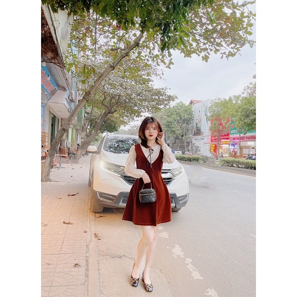 Váy nhung pha ren hoa nổi đính nơ tiểu thư