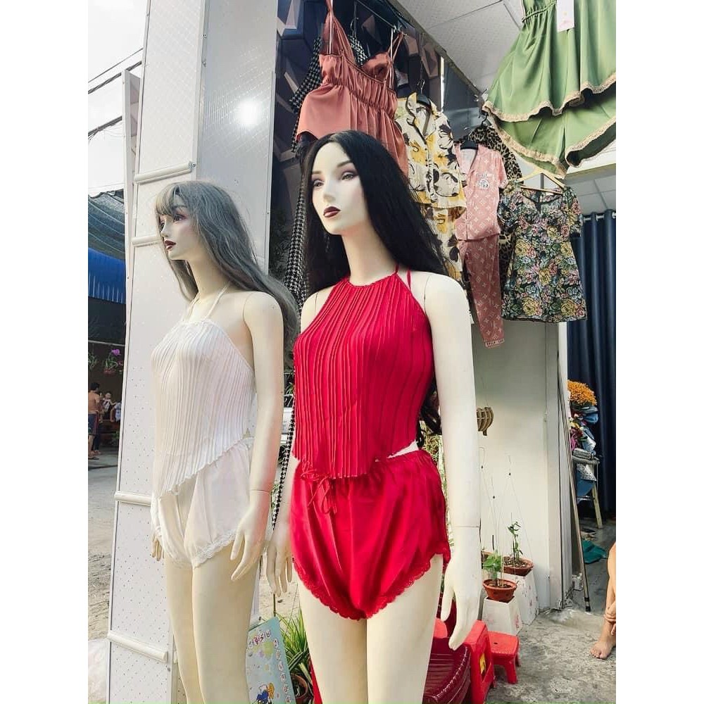 Đồ ngủ sexxy/ Yếm dập ly, chất liệu satin cao cấp mềm mịn, kèm quần gợi cảm, free size dưới 65kg | BigBuy360 - bigbuy360.vn