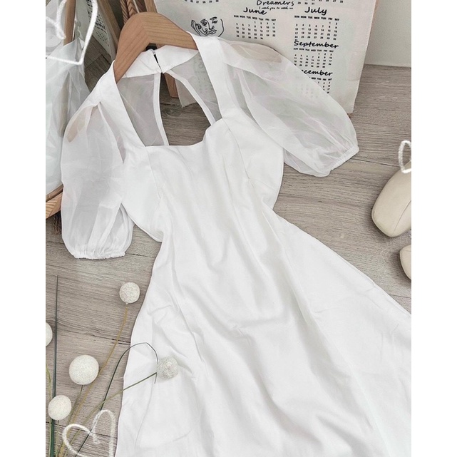 ĐẦM MIDI TRẮNG TAY VOAN KHOÉT LƯNG