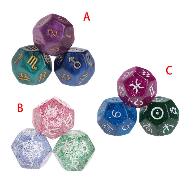 Set 3 viên xúc xắc resin 12 mặt nhiều màu bói toán chiêm tinh học chòm sao tarot