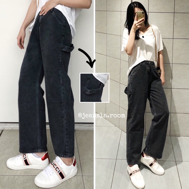 ⚡FREESHIP⚡ Quần Culottes Jeans JEANSLA Đen Dây cài hông Cạp cao form suông ống rộng mix đồ cá tính Thời thượng [#QJL26]