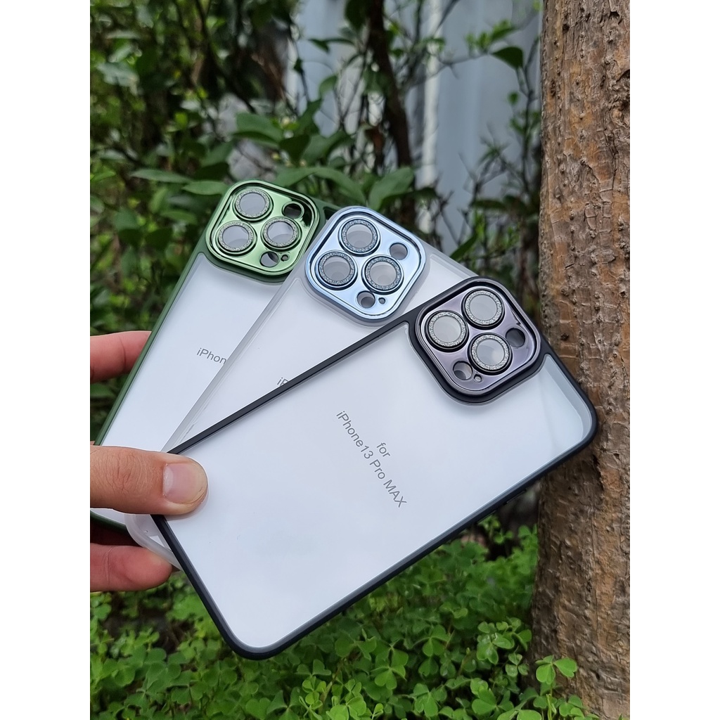 Ốp Miruyi kính trong viền màu camera gắn đá nhũ cho iPhone 13 / 13 Pro / 13 Pro Max sang trọng