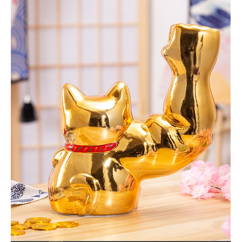 Mèo Thần Tài Vàng Tay To Cơ Bắp Cầu Tiền Tài May Mắn Gốm Sứ Cao Cấp Size Lớn Nhất 32 cm