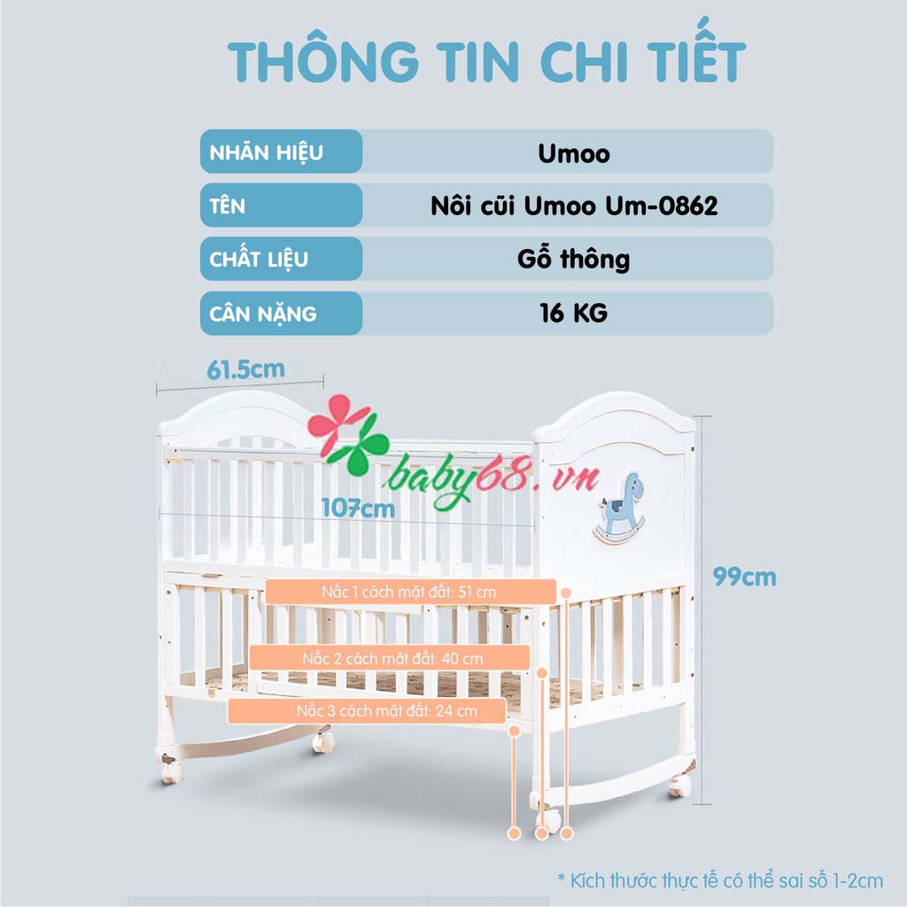 Nôi cũi gỗ cho bé CAYABE Umoo màu trắng hạ thành ngựa Pony