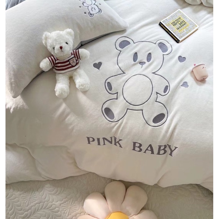BỘ CHĂN GA NỈ GẤU BEAR Pinkbaby HOT 2021, BỘ VỎ NỈ NHUNG MỀM MỊN THÊU HÌNH GẤU DỄ THƯƠNG