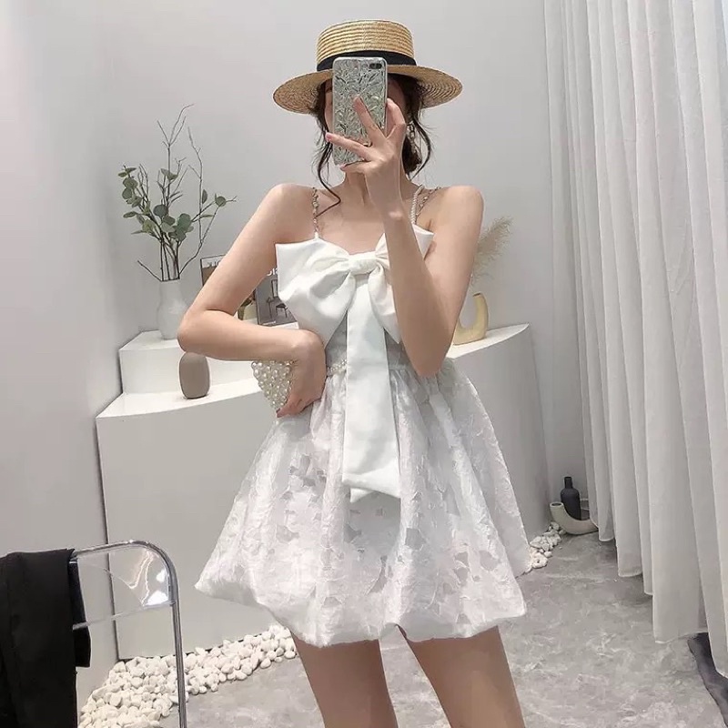 đầm gấm hai dây dáng xoè phối nơ xinh xắn phong cách hàn quốc dễ thương