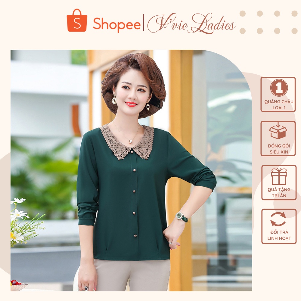 Áo voan kiểu đẹp nữ trung niên tay dài cổ ren sang trọng V'vie Ladies xanh rêu