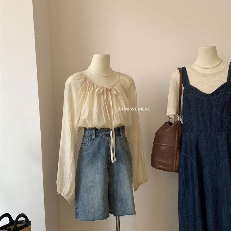 Áo Kiểu Tay Dài Cổ Tròn Cột Dây Xếp Ly Màu Trơn Thời Trang Mùa Thu 2022 Dành Cho Nữ