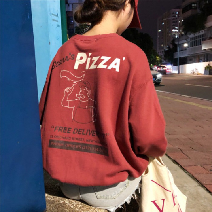 Áo chui đầu tay dài in chữ PIZZA phong cách Hàn Quốc dành cho nữ