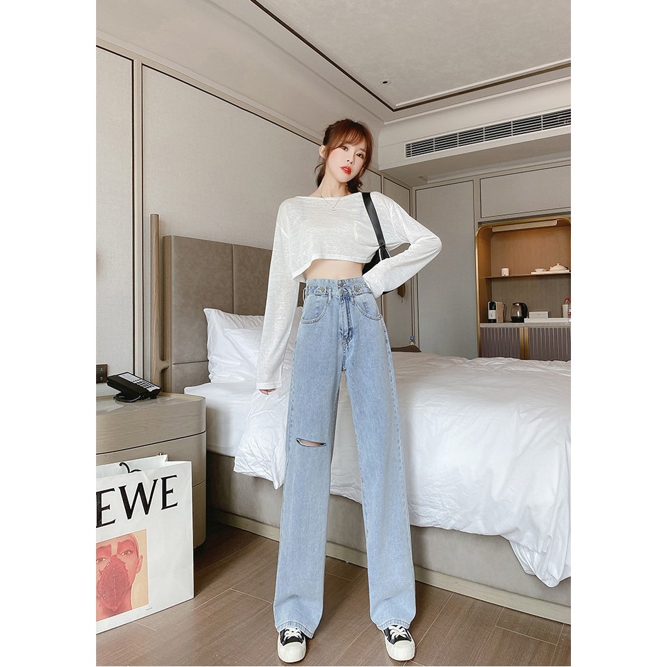 QUẦN JEAN ỐNG RỘNG NỮ LƯNG CAO RÁCH GỐI PHẢI MÀU XANH NHẠT CAO CẤP ĐỦ SIZE S, M, L FORM DÁNG SIÊU MÁT