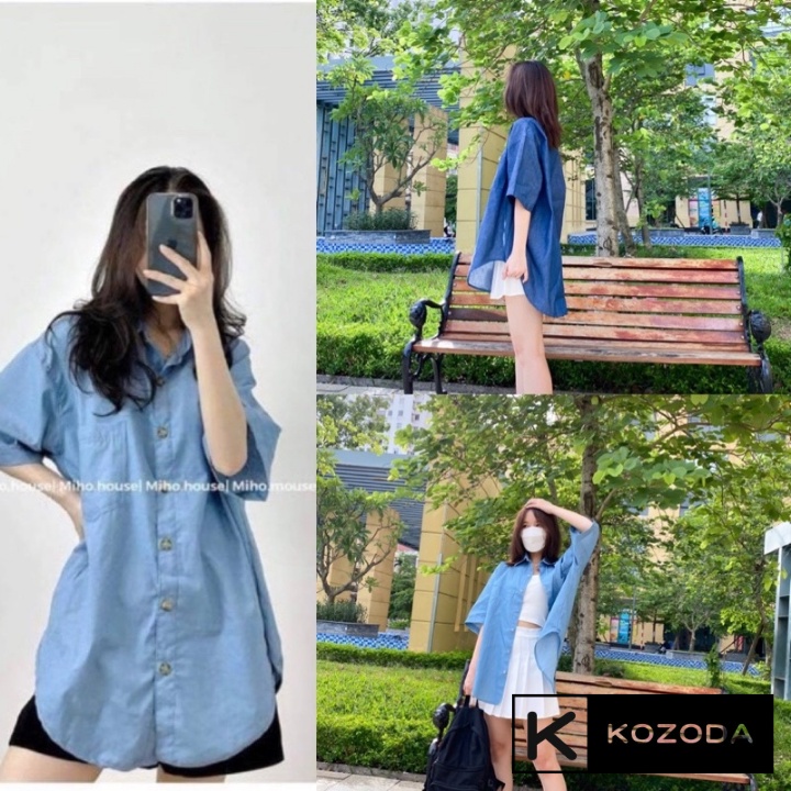 Áo Sơ Mi Nữ form rộng denim Kiểu Màu xanh nhạt đậm đẹp ngắn tay ulzzang vintage hàn quốc cao cấp trơn kozoda SM45 - Hàn