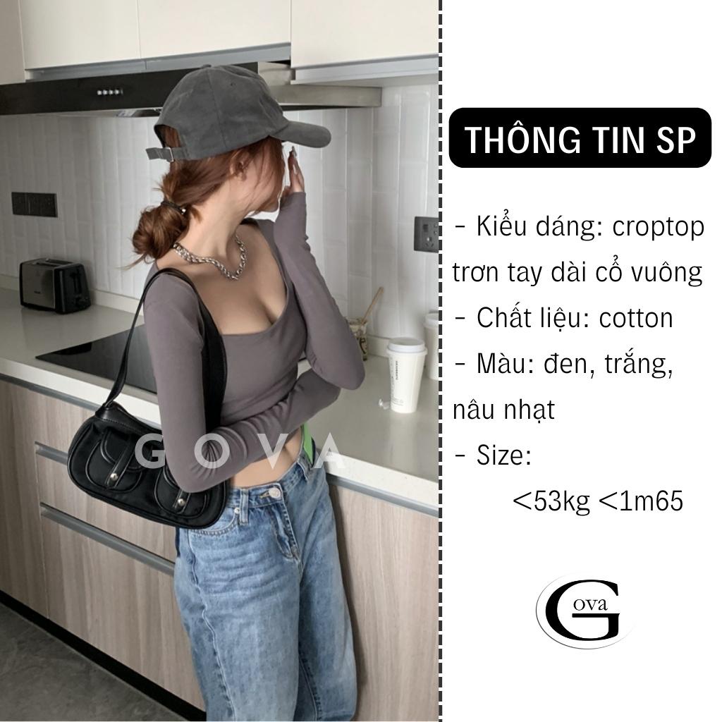 Áo Cổ Vuông Tay Dài Croptop, Áo Kiểu Vải Thun Cotton Cao Cấp Mịn Co Giãn Tốt GOVA